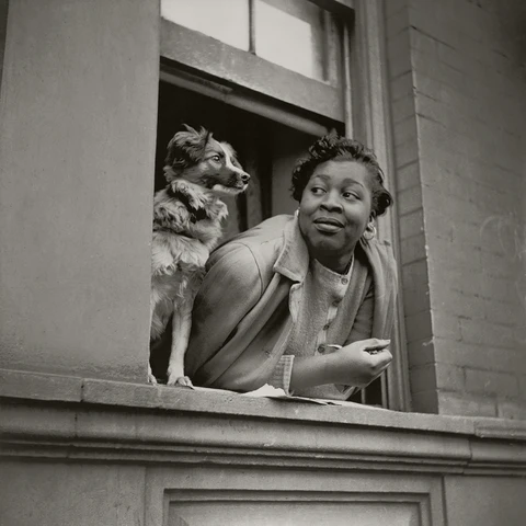 A woman and her dog in the Harlem section